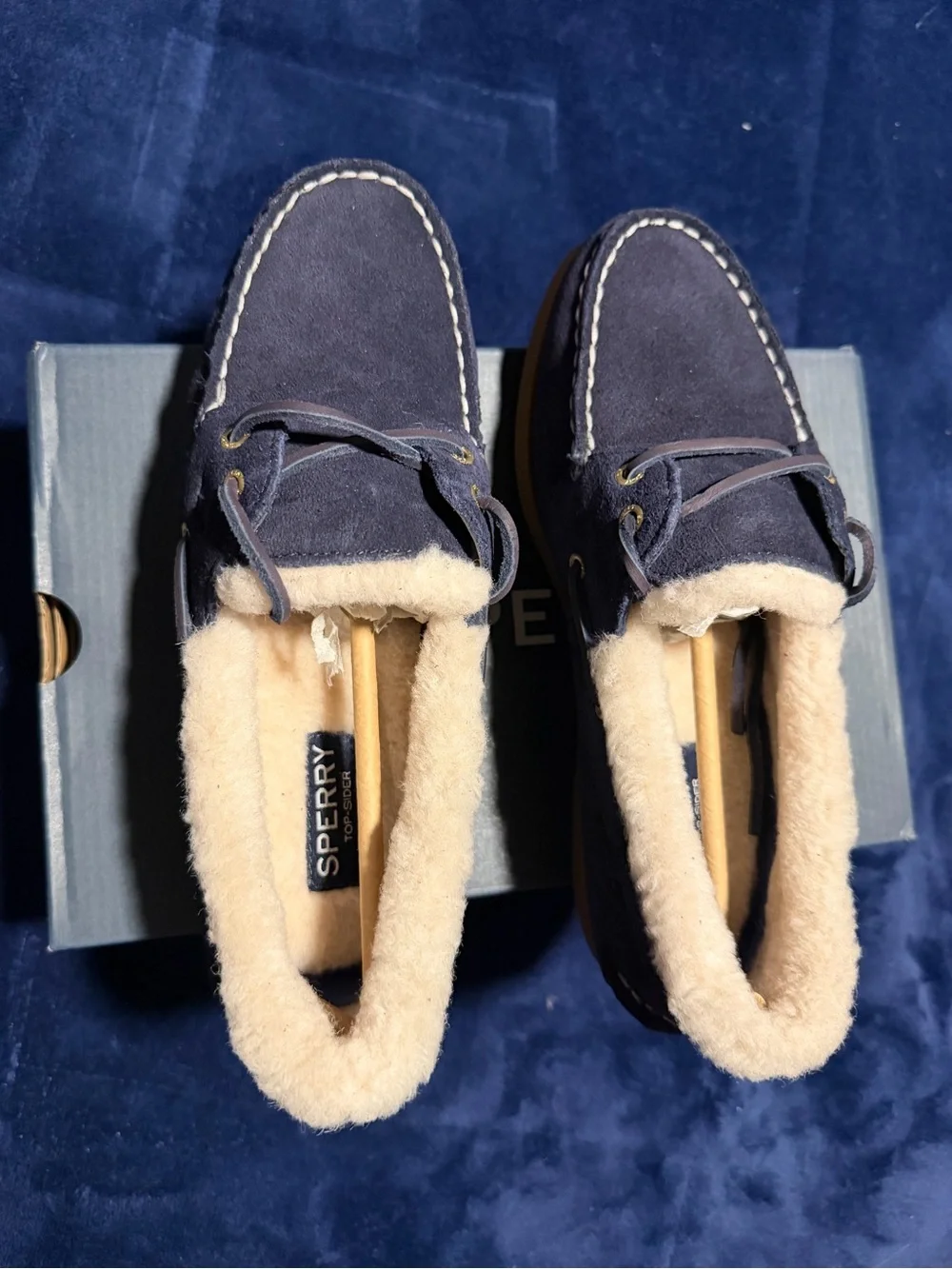 Sperry Men’s Navy Suede Shearling-Lined Boat Moccasins